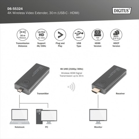 Przedłużacz/Extender USB-C - HDMI bezprzewodowy 30m UHD 4K30Hz audio (zestaw) Digitus