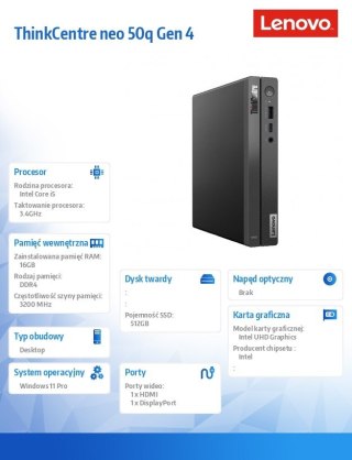 Komputer ThinkCentre Neo 50q Tiny 12LN001YPB W11Pro i5-13420H/16GB/512GB/INT/3YRS OS Lenovo