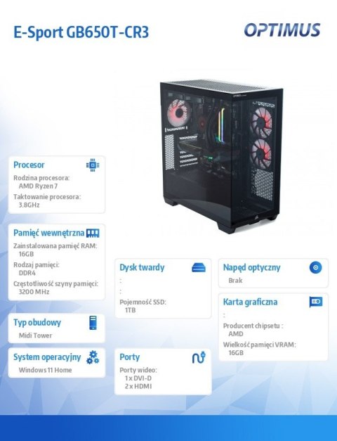 Komputer E-Sport GB550T-CR10 Ryzen 7 5800X/16GB/1TB/RX 9060 XT 16GB/W11H OPTIMUS