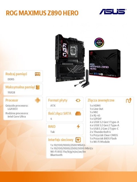 Płyta główna ROG MAXIMUS Z890 HERO s1851 4DDR5 TB4 ATX/90MB1ID0-M0EAY0 Asus