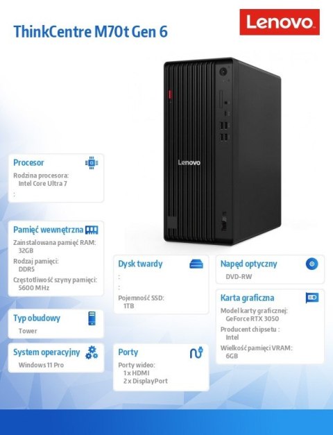 Komputer ThinkCentre M70t G6 TWR 12YH0000PB W11Pro 7 265/32GB/1TB/RTX3050 6GB/3YRS OS Lenovo