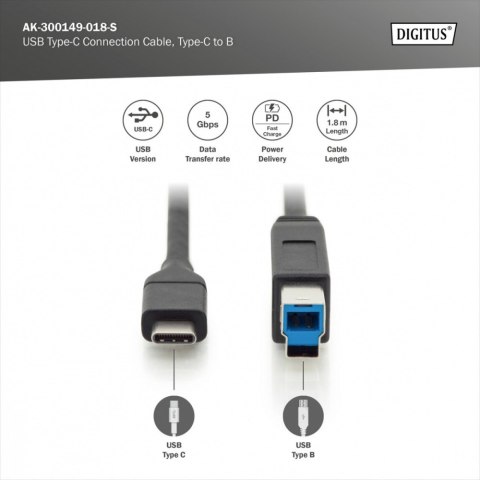 Kabel połączeniowy USB 3.0 SuperSpeed 5Gbps Typ USB C/B M/M Power Delivery czarny 1.8m Digitus