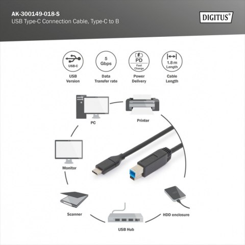 Kabel połączeniowy USB 3.0 SuperSpeed 5Gbps Typ USB C/B M/M Power Delivery czarny 1.8m Digitus