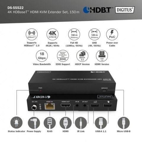 Przedłużacz/Extender HDMI 4K 60Hz 150m po skrętce Cat.6A/7/8 HDBaseT HDCP2.2 IR EDID PoC, zestaw Digitus