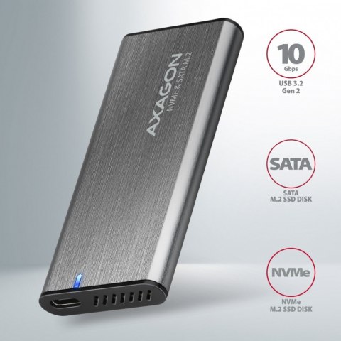 EEM2-SG2 Obudowa zewnętrzna aluminiowa bezśrubowa USB-C 3.2 Gen 2 M.2 NVMe & SATA SSD + USB-A - USB-C redukcja AXAGON