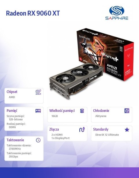 Karta graficzna Radeon RX 9060 XT NITRO+ 16GB GDDR6 128bit DP/2HDMI Sapphire Technology