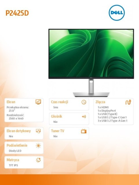 Monitor 23.8 cala P2425D IPS LED QHD (2560x1440)/16:9/HDMI/DP/USB-C/3xUSB/3Y AES&PPG Dell