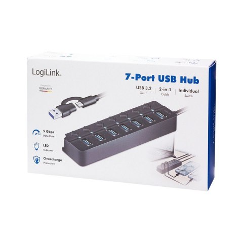 HUB USB3.2 Gen1, 7x USB-A, 7xON/OFF, czarny LogiLink