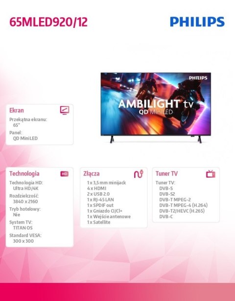 Telewizor QD MiniLED 65 cali 65MLED920/12 Philips