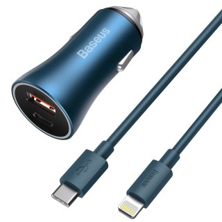 Szybka ładowarka samochodowa 40W PD QC USB-C / USB + kabel do iPhone niebieski BASEUS