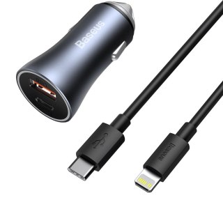 Szybka ładowarka samochodowa USB-C USB 40W PD QC SCP FCP AFC + kabel USB-C - Lightning szary BASEUS