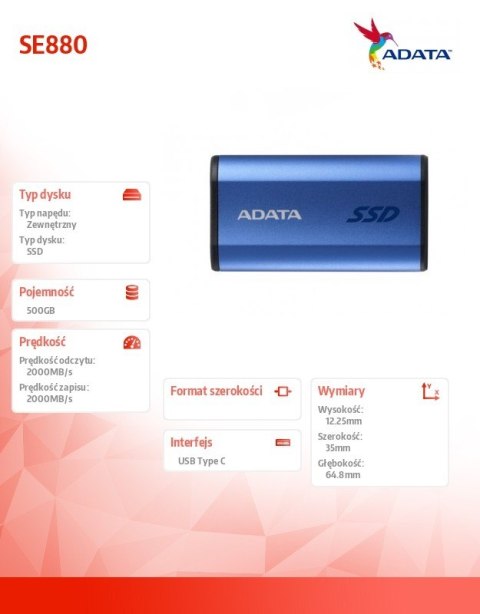 Dysk zewnętrzny SSD SE880 500 GB USB3.2A/C Gen2x2 Niebieski Adata