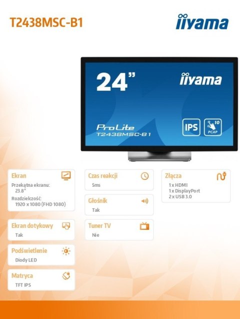 Monitor 24 cale T2438MSC-B1 IPS,FHD,DP,HDMI,2x2W,2xUSB,600(cd/m2), 10pkt.7H,IP1X(FRONT),PION/POZIOM IIYAMA