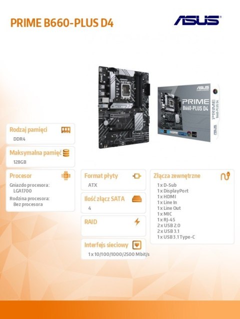 Płyta główna PRIME B660-PLUS D4 s1700 4DDR4 DP/HDMI M.2 ATX Asus