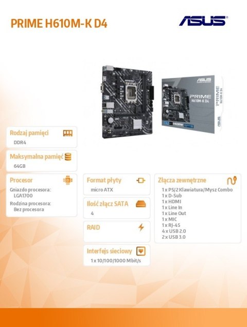 Płyta główna PRIME H610M-K D4 s1700 2DDR4 D-Sub/HDMI M.2 mATX Asus