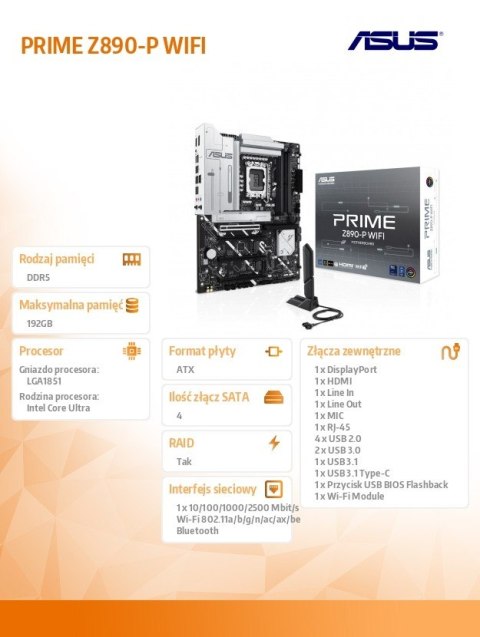 Płyta główna PRIME Z890-P WIFI S1851 4DDR5 HDMI/DP/TB4 ATX /90MB1I70-M0EAY0 Asus