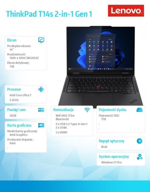 Ultrabook ThinkPad T14s 2in1 G1 21R30041PB W11Pro ULT7 255U/32GB/1TB/INT/14.0 WUXGA/Touch/Black/3YRS Premier Support + CO2 Offse Lenovo