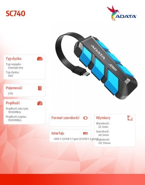 Dysk zewnętrzny SSD SC740 2TB U3.2C 1050/1000 MB/s niebieski Adata