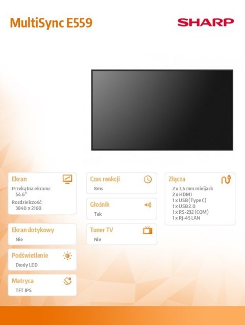 Monitor wielkoformatowy MultiSync E559 55 cali UHD 16/7 350cd/m2 Sharp