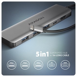 HMC-5H Wieloportowy hub USB 5in1, 5Gbps, 3x USB-A, HDMI 4K/30Hz, PD 100W, 100cm USB-C kabel AXAGON