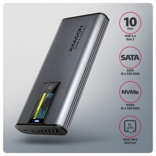 EEM2-SD2 Obudowa zewnętrzna aluminiowa bezśrubowa USB-A/C 3.2 Gen2 M.2 NVMe/SATA display LCD AXAGON