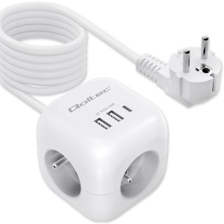 Kostka zasilająca przedłużacz 6w1 z podświetlanym włącznikiem | 3x AC | 2x USB | 1x USB-C PD 20W | biała | kabel 2m Qoltec