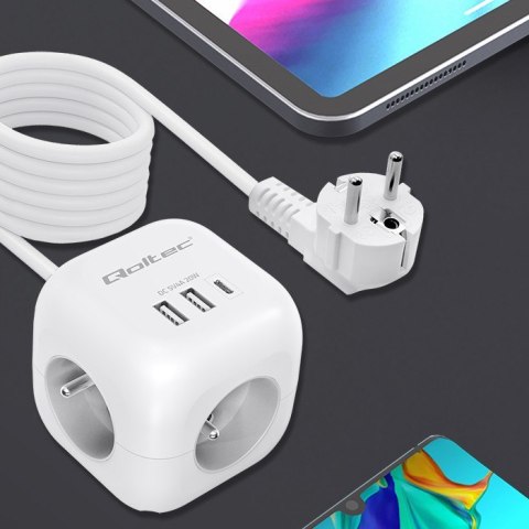 Kostka zasilająca przedłużacz 6w1 z podświetlanym włącznikiem | 3x AC | 2x USB | 1x USB-C PD 20W | biała | kabel 2m Qoltec