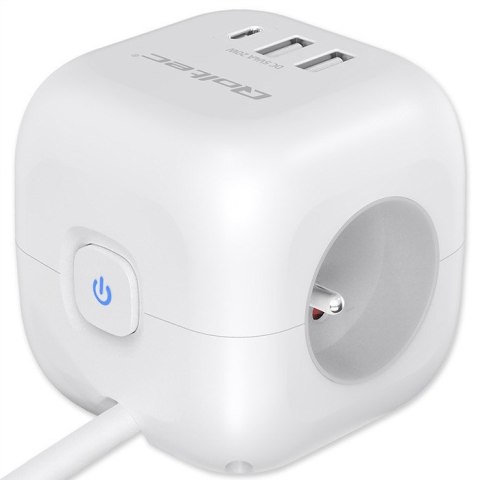 Kostka zasilająca przedłużacz 6w1 z podświetlanym włącznikiem | 3x AC | 2x USB | 1x USB-C PD 20W | biała | kabel 2m Qoltec