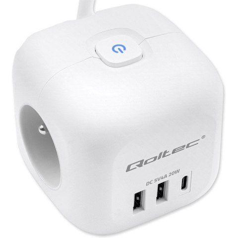 Kostka zasilająca przedłużacz 6w1 z podświetlanym włącznikiem | 3x AC | 2x USB | 1x USB-C PD 20W | biała | kabel 2m Qoltec