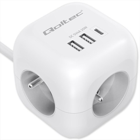 Kostka zasilająca przedłużacz 6w1 z podświetlanym włącznikiem | 3x AC | 2x USB | 1x USB-C PD 20W | biała | kabel 2m Qoltec
