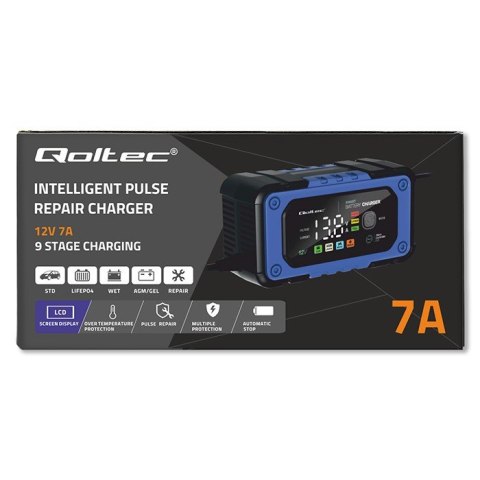Prostownik do akumulatora z funkcją naprawy | Inteligentna mikroprocesorowa ładowarka | 12V | 7A | LED | 4 tryby Qoltec