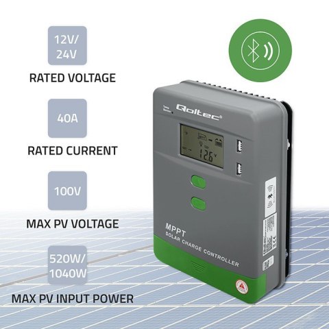 Solarny regulator ładowania MPPT z czujnikiem temperatury 40A | 12V/24V | LCD | 2xUSB | Bluetooth | APP | GEL | LiFePO4 Qoltec
