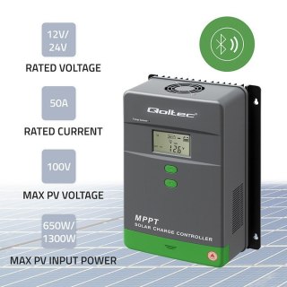 Solarny regulator ładowania MPPT z czujnikiem temperatury 50A | 12V/24V | LCD | Bluetooth | APP | GEL | LiFePO4 Qoltec