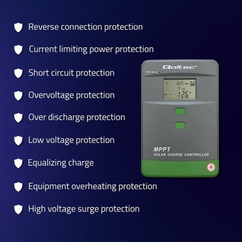 Solarny regulator ładowania MPPT z czujnikiem temperatury 50A | 12V/24V | LCD | Bluetooth | APP | GEL | LiFePO4 Qoltec