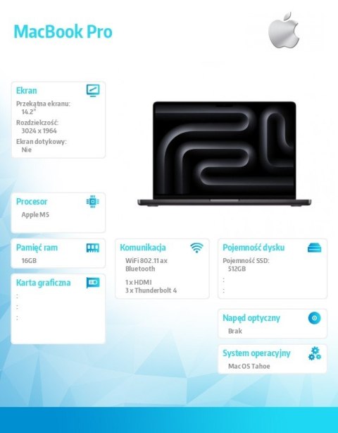 MacBook Pro 14.2 cala: M5 10C/10C, 16GB, 512GB SSD - Gwiezdna czerń Apple