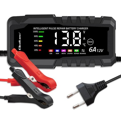 Mikroprocesorowa ładowarka 12V 6A | Prostownik z funkcją naprawy do akumulatora AGM GEL LiFePO4 | LCD Qoltec