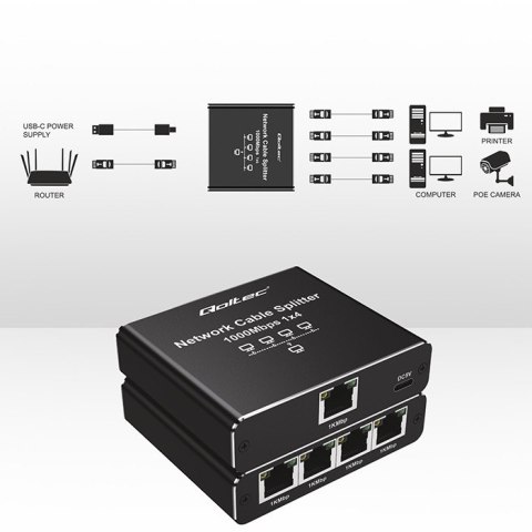 Rozdzielacz splitter Ethernet mini SWITCH 1x4 RJ45 | 1000Mb/s | USB-C | Aluminium Qoltec