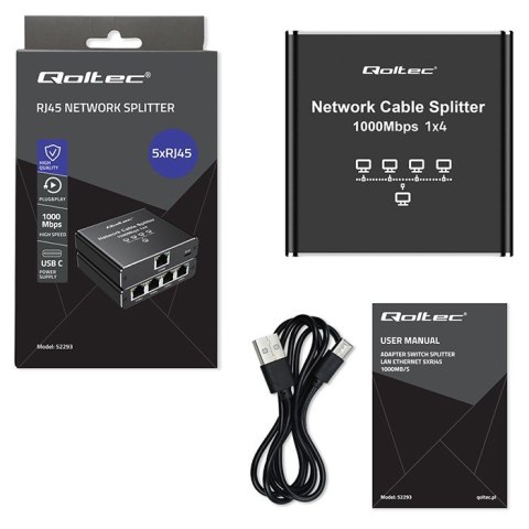 Rozdzielacz splitter Ethernet mini SWITCH 1x4 RJ45 | 1000Mb/s | USB-C | Aluminium Qoltec