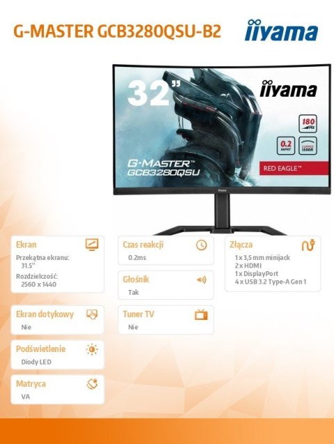 Monitor 32 cale GCB3280QSU-B2,VA,QHD,180Hz,1500R,0.2ms,4xUSB,350cd IIYAMA