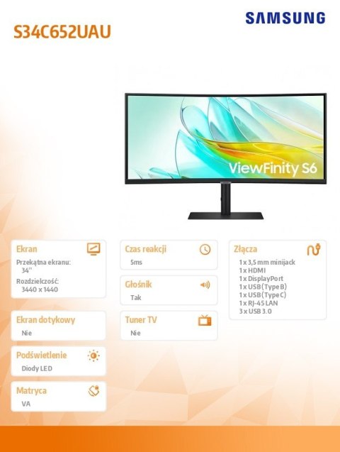 Monitor 34 cale ViewFinity S65UA VA 3440x1440 UWQHD 21:9 1xHDMI 1xDP 1xUSB-C(90W) 3xUSB 3.0 LAN (RJ45) 5ms 100Hz HAS+PIVOT zakrz Samsung