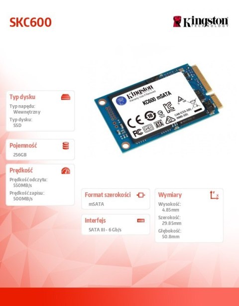 Dysk SSD SKC600 256GB mSATA 550/500 MB/s Kingston