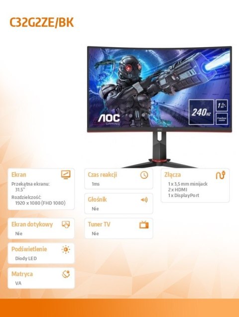 Monitor C32G2ZE/BK 31.5 cala VA Curved 240Hz HDMIx2 DP AOC