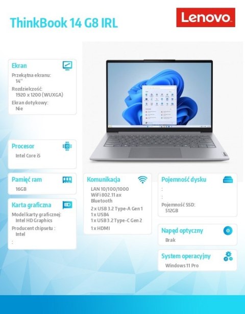 Notebook ThinkBook 14 G8 21SG00H8PB W11Pro i5-13420H/16GB/512GB/INT/14.0 WUXGA/Luna Grey/3YRS OS + CO2 Offset Lenovo