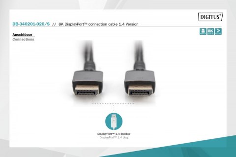 Kabel połączeniowy PREMIUM DisplayPort 8K60Hz UHD DP/DP M/M 2m Czarny Digitus