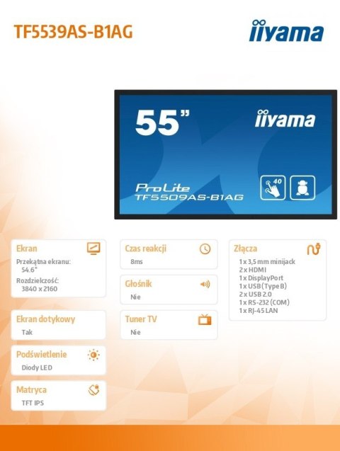 Monitor 55 cali TF5539AS-B1AG,IPS,4K,HDMIx2,DP,RJ45,3xUSB,2x10W, ANDROID,24/7,IP65 IIYAMA