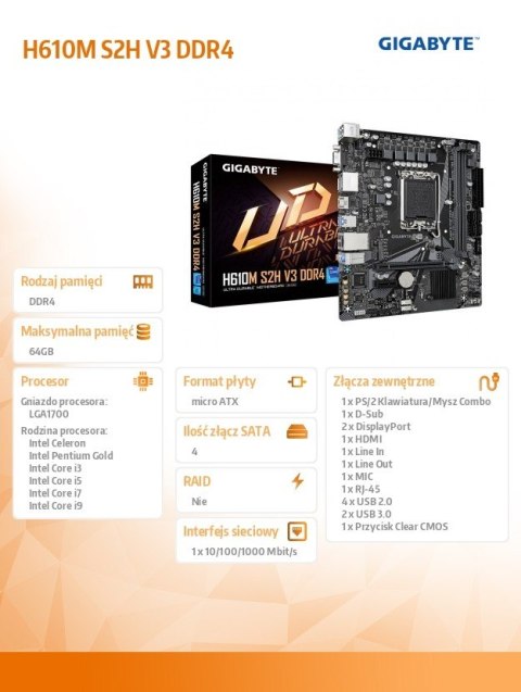 Płyta główna H610M S2H V3 DDR4 s1700 2DDR4 DP/HDMI M.2 mATX Gigabyte