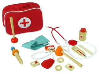Drewniany Zestaw Lekarza w Torbie Stetoskop Ciśnieniomierz Młotek Strzykawka LEAN Toys