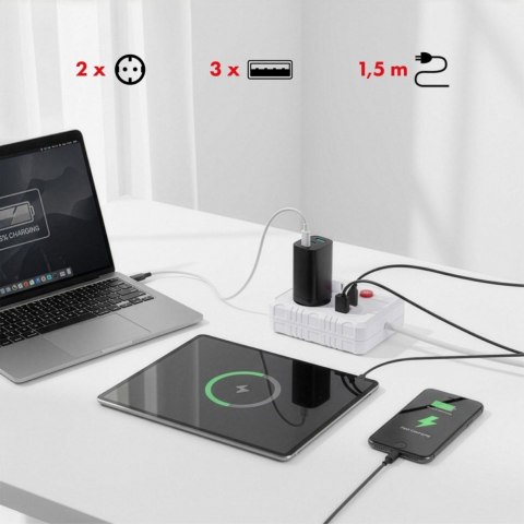 Listwa zasilająca 2 gniazda MCE387 W 3xUSB, 110-240V AC 50/60Hz, 2.1A max 2500W, 1.5m, biała Maclean