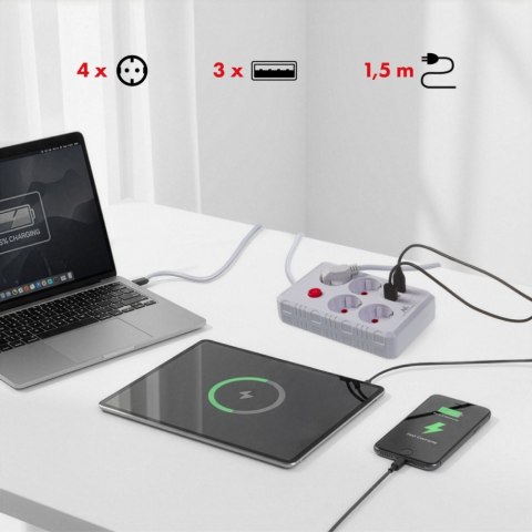 Listwa zasilająca MCE392 W 4 gniazda 3xUSB, 110-240V AC 50/60Hz, 2.1A max 2500W 1,5m biała Maclean