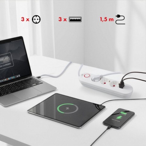 Listwa zasilająca MCE394 W 3 gniazda 3xUSB, 110-240V AC 50/60, 2.1A max 2500W, biała Maclean